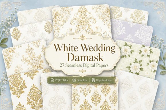Download White Wedding Damask Digital Paper Bundl - White Collection