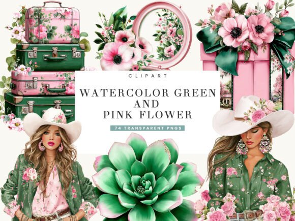 Download Watercolor Green and Pink Flower Clipart - Green Collection