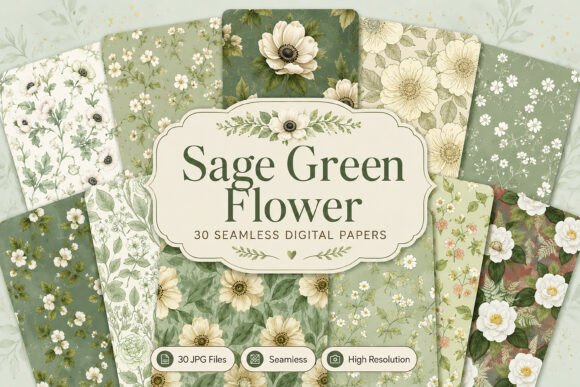 Download Seamless Sage Green Flower Digital Set - Green Collection